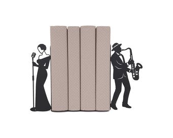 Sujetalibros de banda de jazz / Regalo para amantes de la música / Sujetalibros de instrumentos musicales / Decoración de chica cantante y saxofonista