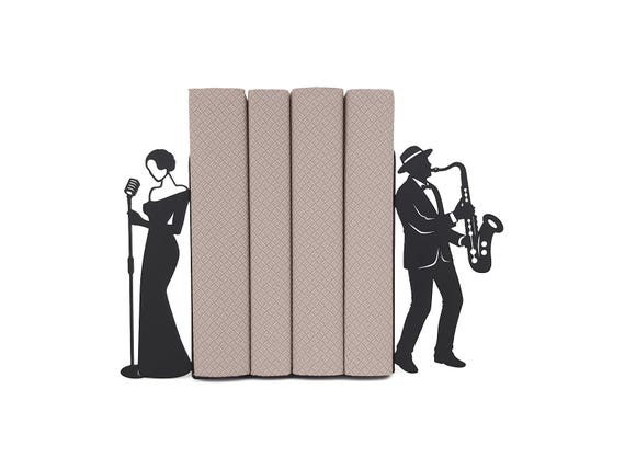 Jazz Band Bookends | Music Lover Gift | Musical Instrument Bookends | Singing Girl & Saxophonist Decor