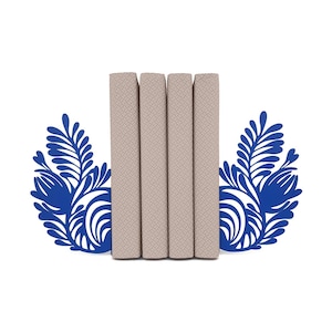 Metal Bookends Tracery | Folk Art Library Bookshelf Decor | Blue Ethnic Heavy Book Ends
