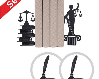 Set of Bookends Femida Scales Of Justice / Lawyer Bookends Unique Kit / Collection Book End / Library Bookshelf Décor Feather Pen Ink Bottle