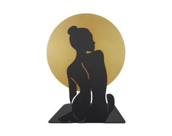 Bookends Sunset Girl | Bronze Black Metal Bookend | Gold Sun & Moon Yoga Woman Silhouette