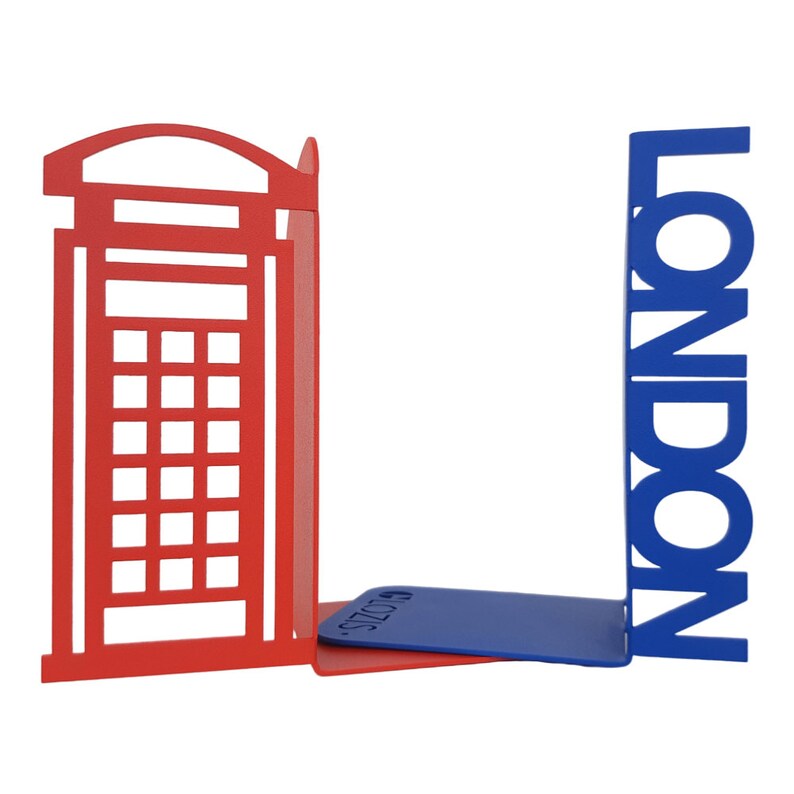 May include: Red and blue metal bookends shaped like a London telephone booth and the word "LONDON".