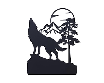 Wolf & Moon Metal Bookend | Mountain Night Forest Mantle Decor | Mountain Peak Stars Hunting Bookends