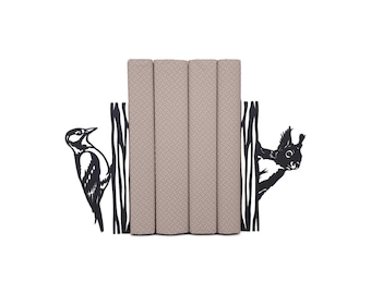 Sujetalibros de pájaro carpintero y ardilla / Decoración de estantería con temática de bosque / Sujetalibros de pájaros en una rama con temática forestal