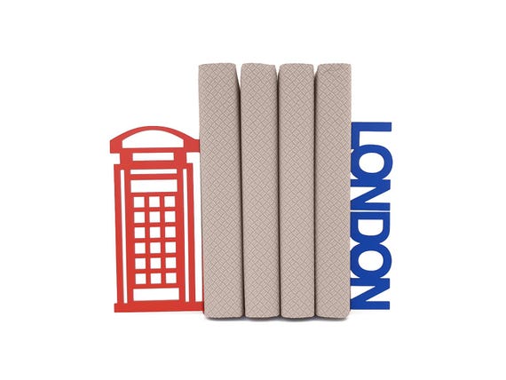 London Phone Booth Bookends | Red & Blue Metal England Book Ends | Shelf Décor London