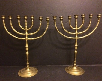 Pair Vintage Old 7 branch Temple Menorah Solid Metal Brass Bronze 14,5 " Jewish