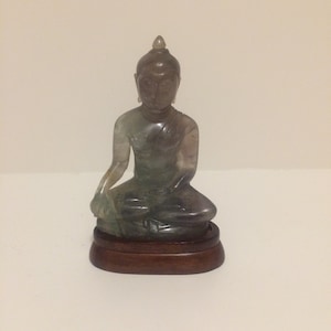 Old Jade Carved Stone Buddha Statue Sitting on Wood Base - 4.1/2&quot; Tall with base