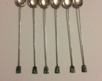 6 Antique Chinese Sterling silver Carved Green Jade Ice Tea Spoons