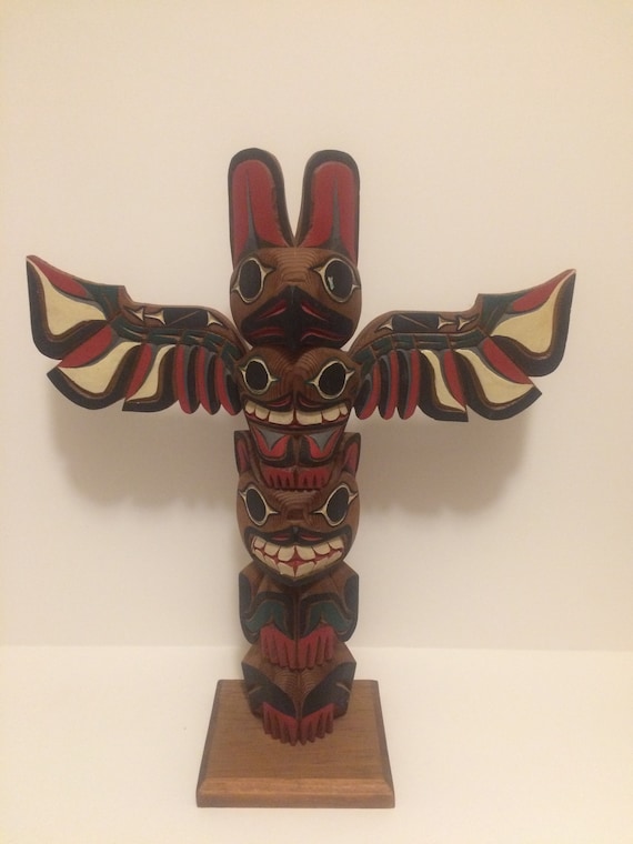 Pacific Northwest Native American Hand Carved Totem Pole 18”H