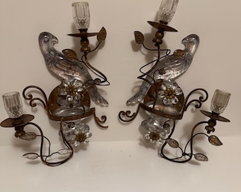 Vintage Pair of Maison Bagues Mirrored Parrot French Art Deco Wall Sconces