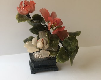 Vintage Chinese Bansai Pink Quartz Flowers-Jade Leaves /Jade Base