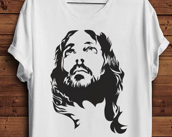Jezus Christus Deep Stare T Shirt | Gezicht Portret | Geschilderde | Christendom Religie | T-shirt