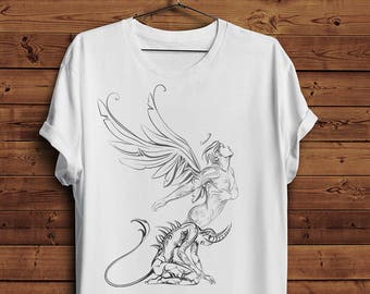 Soul  Flight Lady Devil Man Angel Saint Couple T Shirt | Liberation Freedom Incarnation Reincarnation Tattoo (Men & Women T shirts)