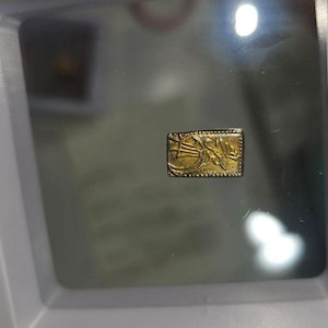 May include: A small, gold-colored, rectangular metal object with intricate designs. The object is framed in a clear plastic case.