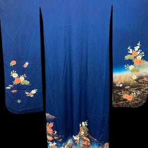 Vintage Silk Furisode Kimono, Blue #4