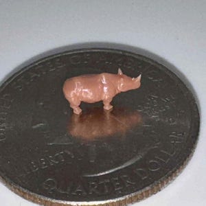 May include: A small, light brown rhinoceros figurine stands on a United States quarter. The miniature rhino has detailed features, including a horn and textured skin. The quarter's inscription reads "Quarter Dollar."