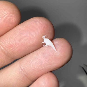 May include: A tiny, white Parasaurolophus dinosaur figurine. The miniature sculpture is held between fingers, showcasing its detailed form, including the distinctive crest and tail. The figurine is a pale, solid color, and appears to be made of plastic or resin.