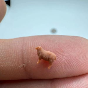 May include: A tiny, light brown sheep figurine, approximately 0.5 inches in length, is displayed on a fingertip. The miniature sculpture has detailed legs, body, and head, showcasing a realistic animal form. The background is a blurred, neutral tone.