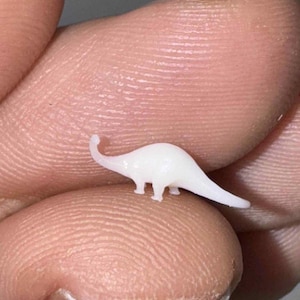 May include: A small, white dinosaur figurine with a long neck and tail. The miniature Brontosaurus is resting on a fingertip, showcasing its tiny size and smooth texture. The figurine is a pale, solid color.