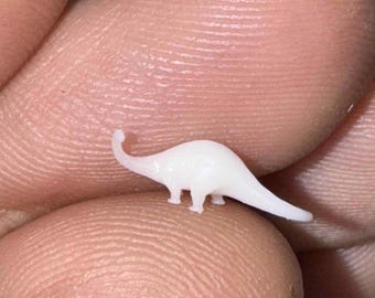 May include: A small, white dinosaur figurine with a long neck and tail. The miniature Brontosaurus is resting on a fingertip, showcasing its tiny size and smooth texture. The figurine is a pale, solid color.