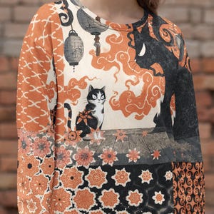 Japanese Angry Cat Sweatshirt, Patchwork Aesthetic Pullover, Oriental Pattern Sweater, Unisex Art Sweatshirt, Zen Ukiyo Style Clothing
