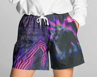 Glitch Tiger Shorts, Psychedelic Rave Trunks, Neon Cyberpunk Bottoms, Vaporwave Animal Gym Wear, Trippy Festival Clothing