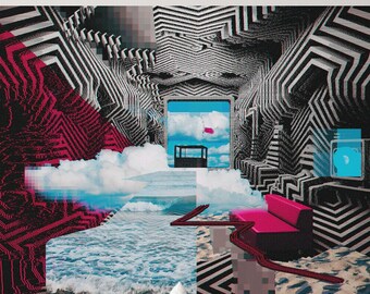 Arte mural de collage retrofuturista, impresión de arte pop geométrico y funky, póster playero surrealista