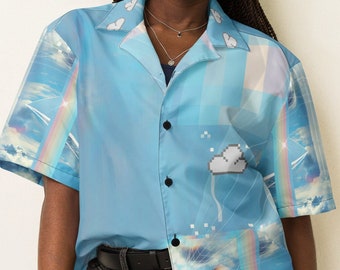 Pastel Blue Hawaiian Shirt Vaporwave Button Up Shirt Cloud Streetwear Button Down Collared Shirt Eco Friendly Gift