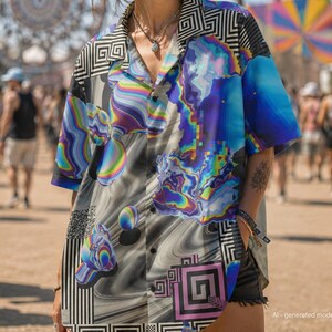 Frutiger Aero Button-Up Shirt, Optical Illusion, Vaporwave Glitch Festival Blouse