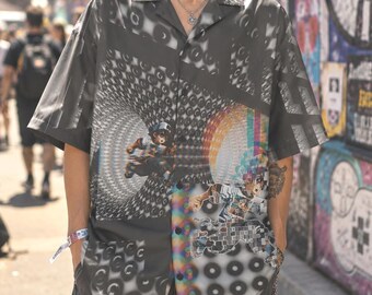 Oversized Glitch Arcade Button-Up Shirt, Y2K Gamer Streetwear, Festival Fashion