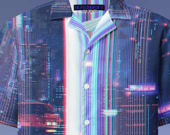 Cyberpunk Button Down Shirt Blue Neon Synthwave Button Up Shirt Pixel Art Retro Futurism Shirt Car Lover Gift  Shirt Vaporwave EDM Clothing