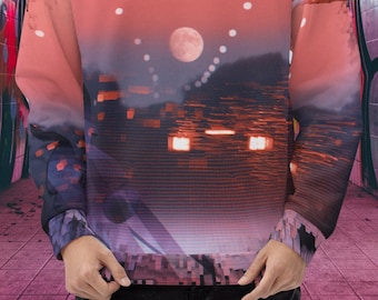 Retro Futurism Synthwave Sweatshirt Vaporwave Crewneck Oversized All Over Print Pastel Gradient Shirt Psychedelic Cyberpunk Clothes