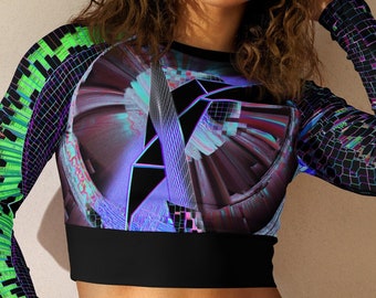 Cyber Rave Music Festival Crop Top Dance Surf EDM Shirt Long Sleeve Activewear Plus Size Crop Top Trippy Festival Clothes