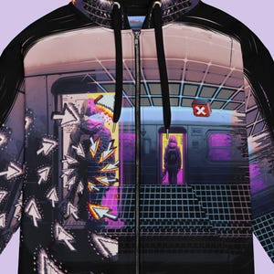 May include: Black zip-up hoodie with a graphic print of a subway scene with arrows and a person standing in the doorway. The print is in shades of purple, blue, and white.