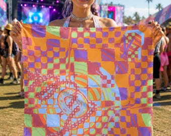 Cyber Grid Rave Bandana, Retro Geometric Festival Scarf, Vaporwave EDM Accessory