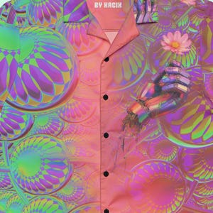 May include: Short-sleeved button-down shirt with a vibrant, psychedelic design. The shirt features a repeating pattern of colorful, spherical shapes in shades of green, purple, and pink. The text "AL IN THE MAS" and "BY KACIK" is printed on the collar.