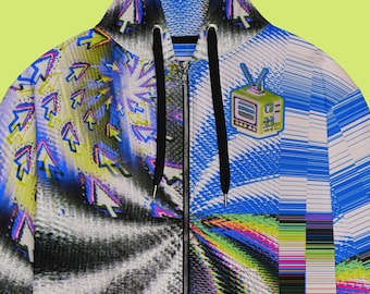 Trippy 90s Nostalgia Zip up Hoodie, Retro Techwear Rave Jacket