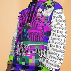 Futuristischer Gamer Pullover Hoodie, Fehler Nachricht Realität nicht gefunden Hoodie, Cyberpunk Glitch Streetwear, Steamwave Neon Grafik Sweatshirt