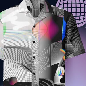 Unique Wedding Guest Button Down Collared Shirt, Partywear Blouse, Oversized Geometric Button Down Shirt, Stylish Hawaiian Shirt