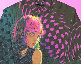 Retro Anime Hoodie Checkered Trippy Hooded Sweatshirt Streetwear Cyberpunk Techwear Hoodie