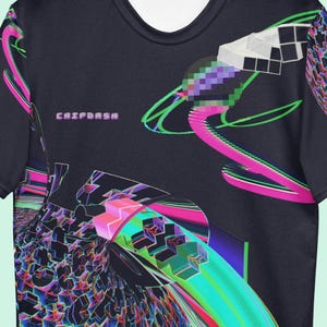 Maglietta Glitchcore, maglietta Psychedelic Gamer Rave, maglietta Cyberpunk Y2K Festival, stampa artistica digitale psichedelica su tutta la superficie