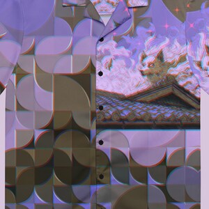May include: Short-sleeved button-down shirt with a geometric pattern in shades of purple, brown, and gray. The shirt features an illustration of two fox-like creatures on a rooftop, with the text "Yuko Okumi" on the collar.