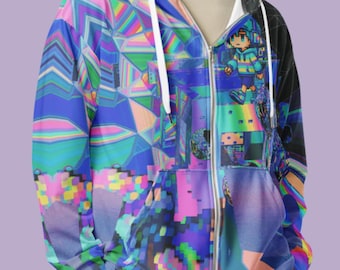 Glitchcore Pixel Character Zip Hoodie, Vaporwave Gamer Jacket, Y2K Cyberpunk Techwear