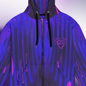 Techno Full Zip Up Hoodie All Over Print EDM Festival Top Warm Rave Clothes Purple Cyberpunk Hoodie Plus Size Streetwear Techwear Jacket