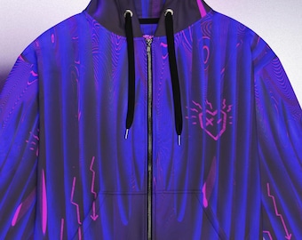 Techno Full Zip Up Hoodie All Over Print EDM Festival Top Warm Rave Clothes Purple Cyberpunk Hoodie Plus Size Streetwear Techwear Jacket