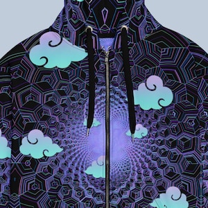 May include: Black zip-up hoodie with a repeating geometric pattern and stylized clouds in shades of blue and purple. The hoodie features a full-length zipper and a hood with the same design. The overall design has a psychedelic, dreamlike quality.