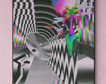 Vaporwave Palm Tree Glitch Art Print, Frutiger Aero Surreal Wall Decor