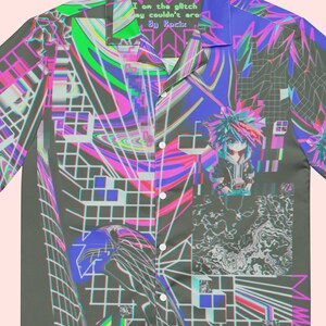 Neon Gamer Button Up Shirt Retro Arcade Hawaiian Shirt Cyberpunk Geek Tshirt Glitch Art Edgy Streetwear Unique Gaming Top Festival Blouse