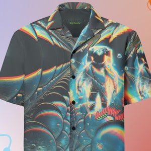 May include: A dark blue short-sleeved button-up shirt with a psychedelic print of an astronaut in a space-like setting. The print features a swirling pattern of blue, green, and red colors.