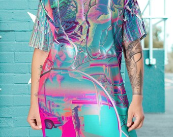 Vaporwave Art Loose Fit Tee Shirt Dress, Aesthetic All Over Print Women's Oversized Tshirt Dress, Beach Rave Festival Dress Gift For Her